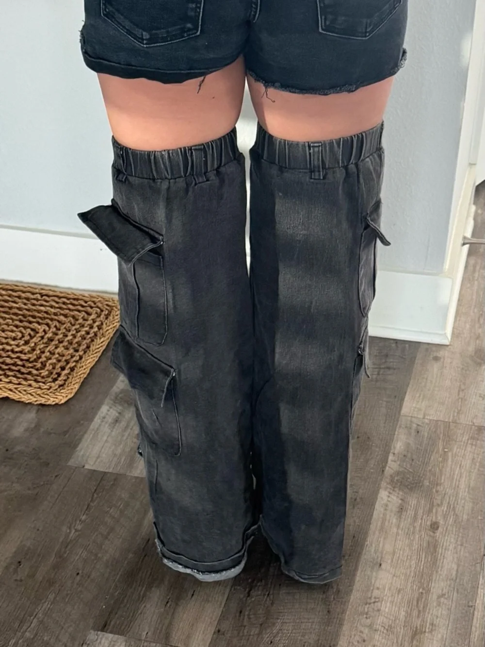 SCANDALOUS OVER THE KNEE STILETTO CARGO BOOT IN Charcoal DENIM
